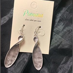 NWT Long Matte Silver color Pomina Dangling textured earrings